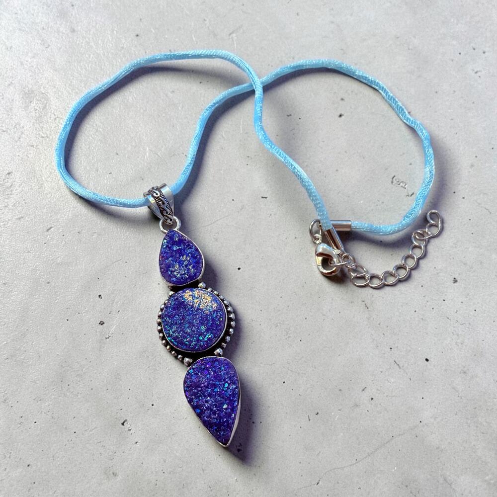 Purple Titanium Druzy 925 Silver Plated Necklace